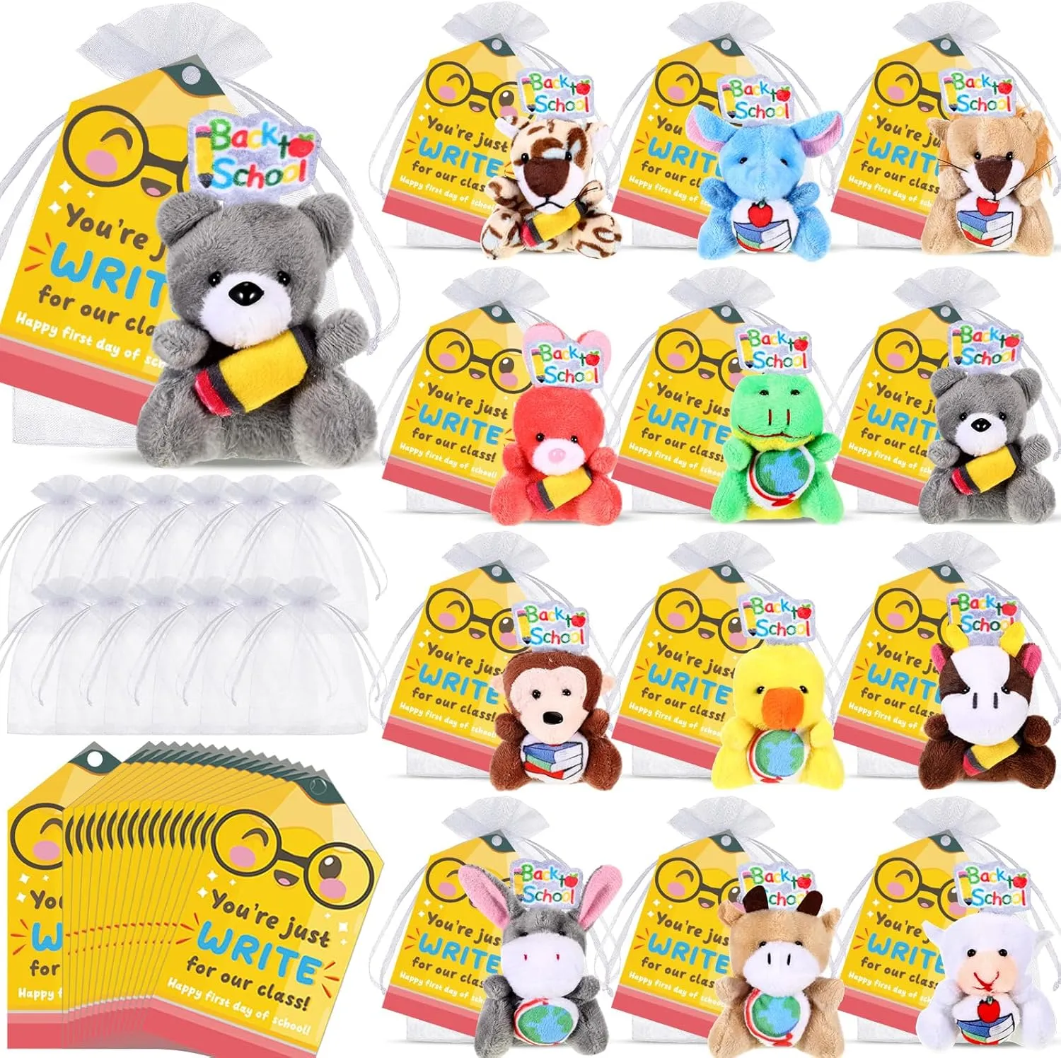12 Set Back to School Gifts Mini Stuffed Animals Plush with Happy First Day of School Cards and Bags Small Plush Animals Toys Keychain for Students Exchange Prize Party Favors