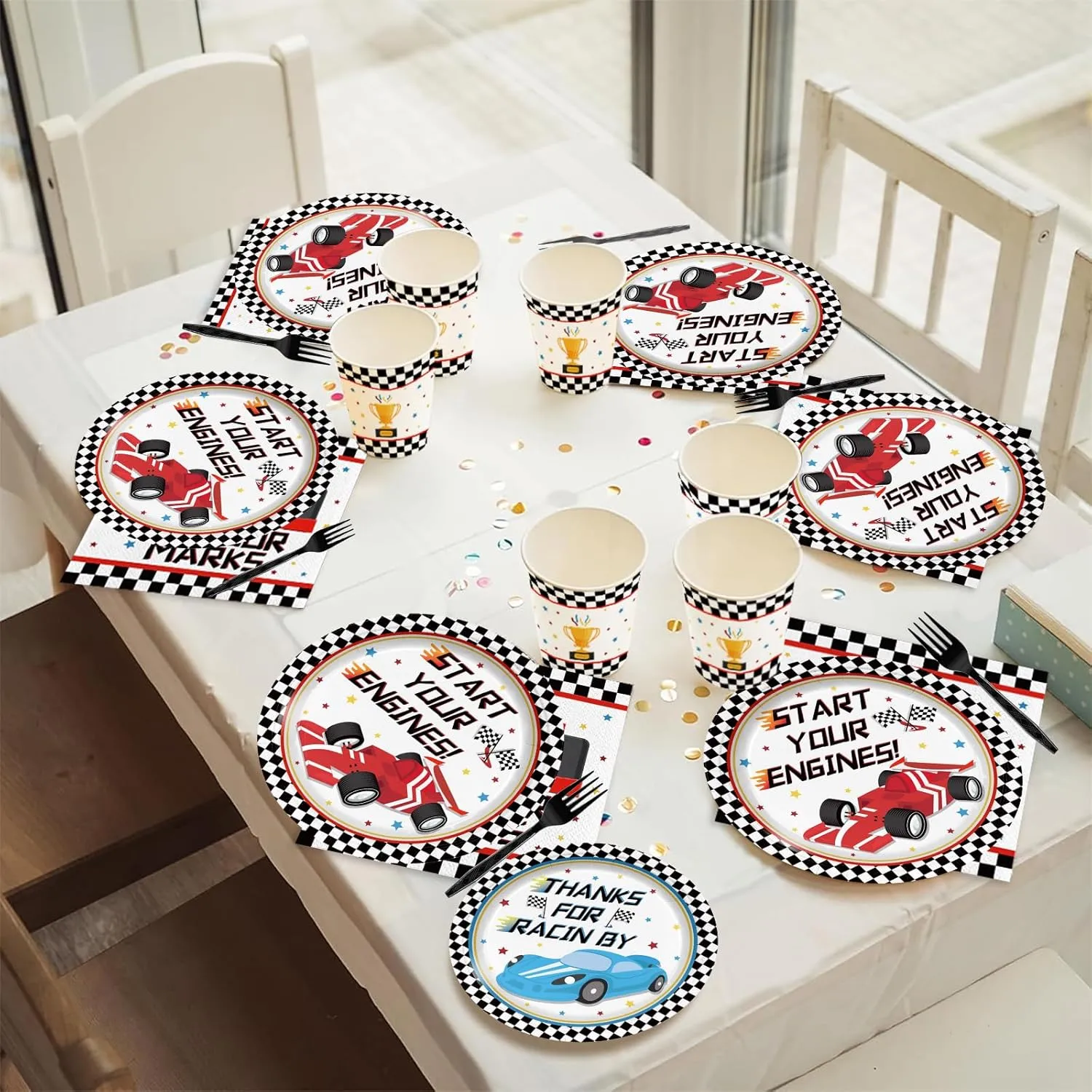 120pcs Racing Car Party Plates Napkins Checked Race Car Birthday Supplies Boys Kids Disposable Tableware Set Paper Cups Forks for Race Car Theme Party Decorations,24 Guests