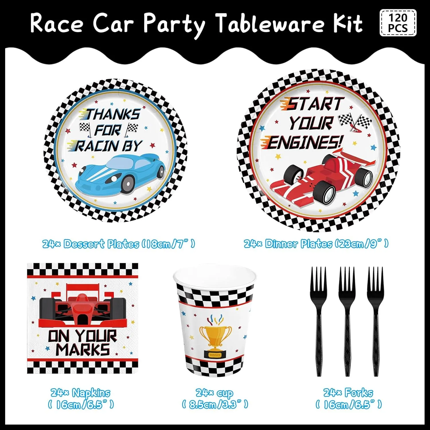 120pcs Racing Car Party Plates Napkins Checked Race Car Birthday Supplies Boys Kids Disposable Tableware Set Paper Cups Forks for Race Car Theme Party Decorations,24 Guests