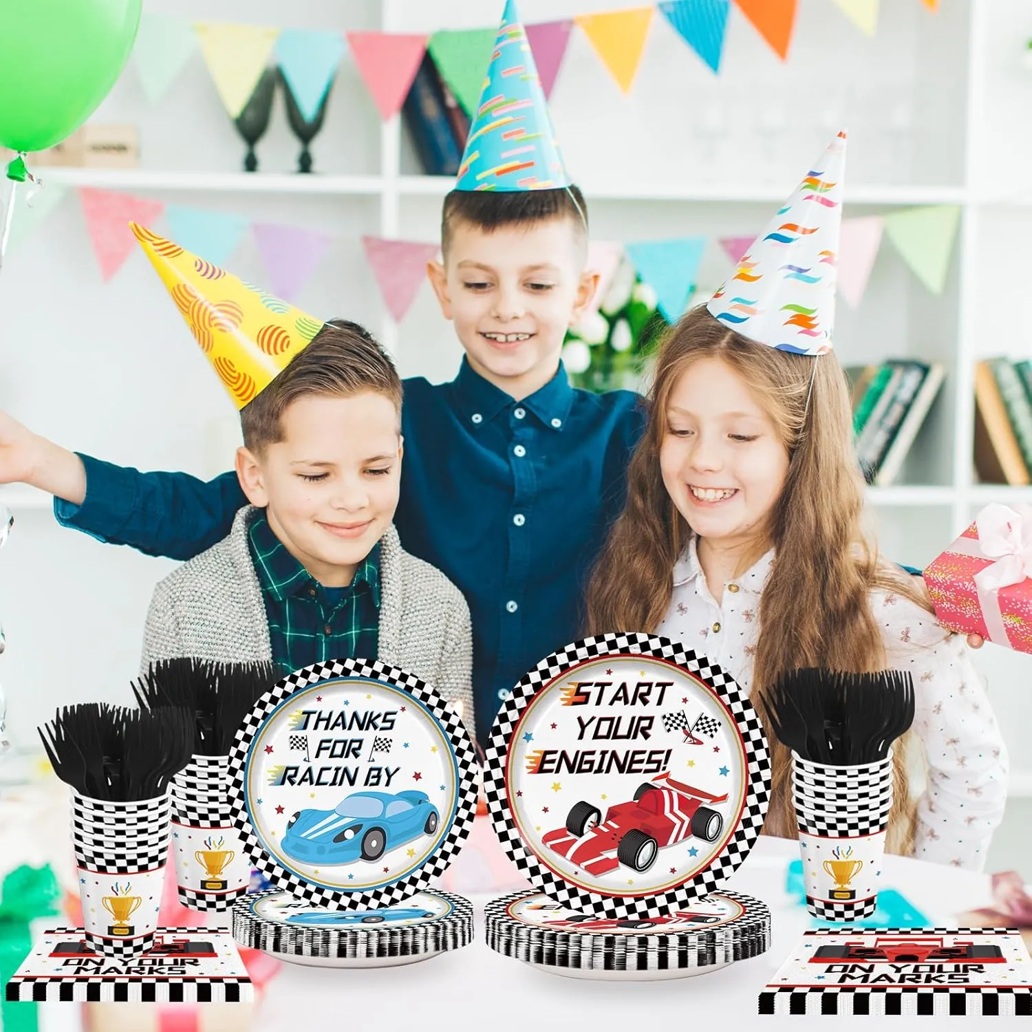 120pcs Racing Car Party Plates Napkins Checked Race Car Birthday Supplies Boys Kids Disposable Tableware Set Paper Cups Forks for Race Car Theme Party Decorations,24 Guests