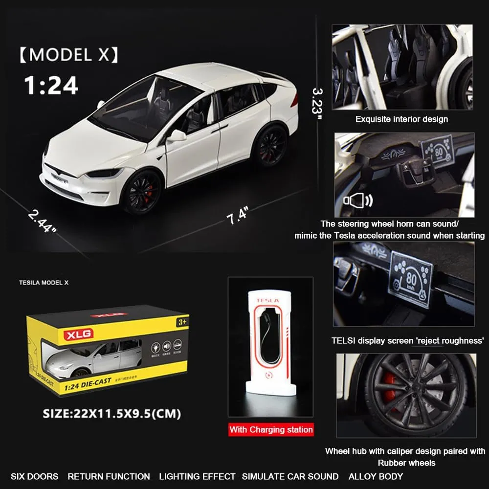 1:24 Scale Model X Alloy Car Model Diecast Toy Vehicles for Kids, car Model X Gull Wing Door，Pull Back Alloy Car with Lights and Music,Gifts for Boys and Girls (White)