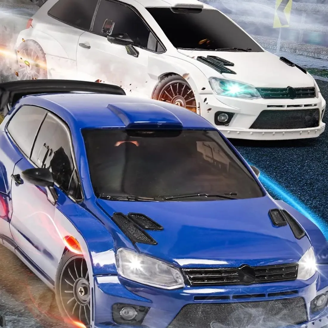 1:28 Scale RC Drift Car, 2.4GHz Proportional Control 10KM/H 4WD RC Racing Car with LED Lights & Adjustable Tires, Ready-to-Race Toy Car for Adults