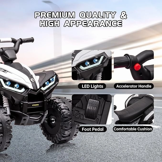 12V Kids Ride On ATV, Battery Powered, Electric Four-Wheeler with Music, Led Lights,High and Low Modes,Soft Start, USB, Treaded Tires,Suitable for Boys and Girls .(White)