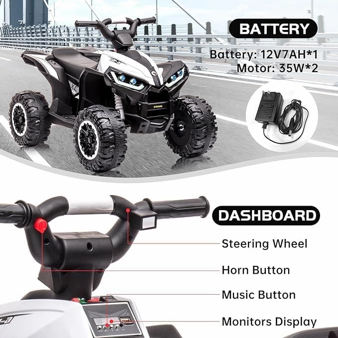 12V Kids Ride On ATV, Battery Powered, Electric Four-Wheeler with Music, Led Lights,High and Low Modes,Soft Start, USB, Treaded Tires,Suitable for Boys and Girls .(White)