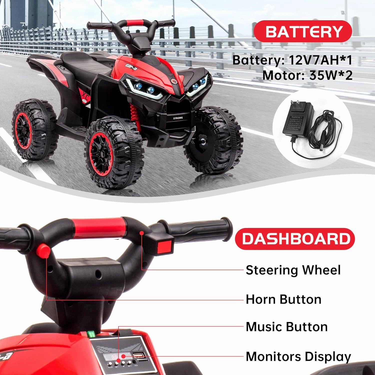 12V Kids Ride-On Electric ATV, 35W Doubal Motor 4-Wheeler Off-Road 4WD Car Toy, Kids Ride On ATV with 2 Control Modes, Music, Horn, High Low Speeds, Led Lights, for Boys & Girls Gift, Red