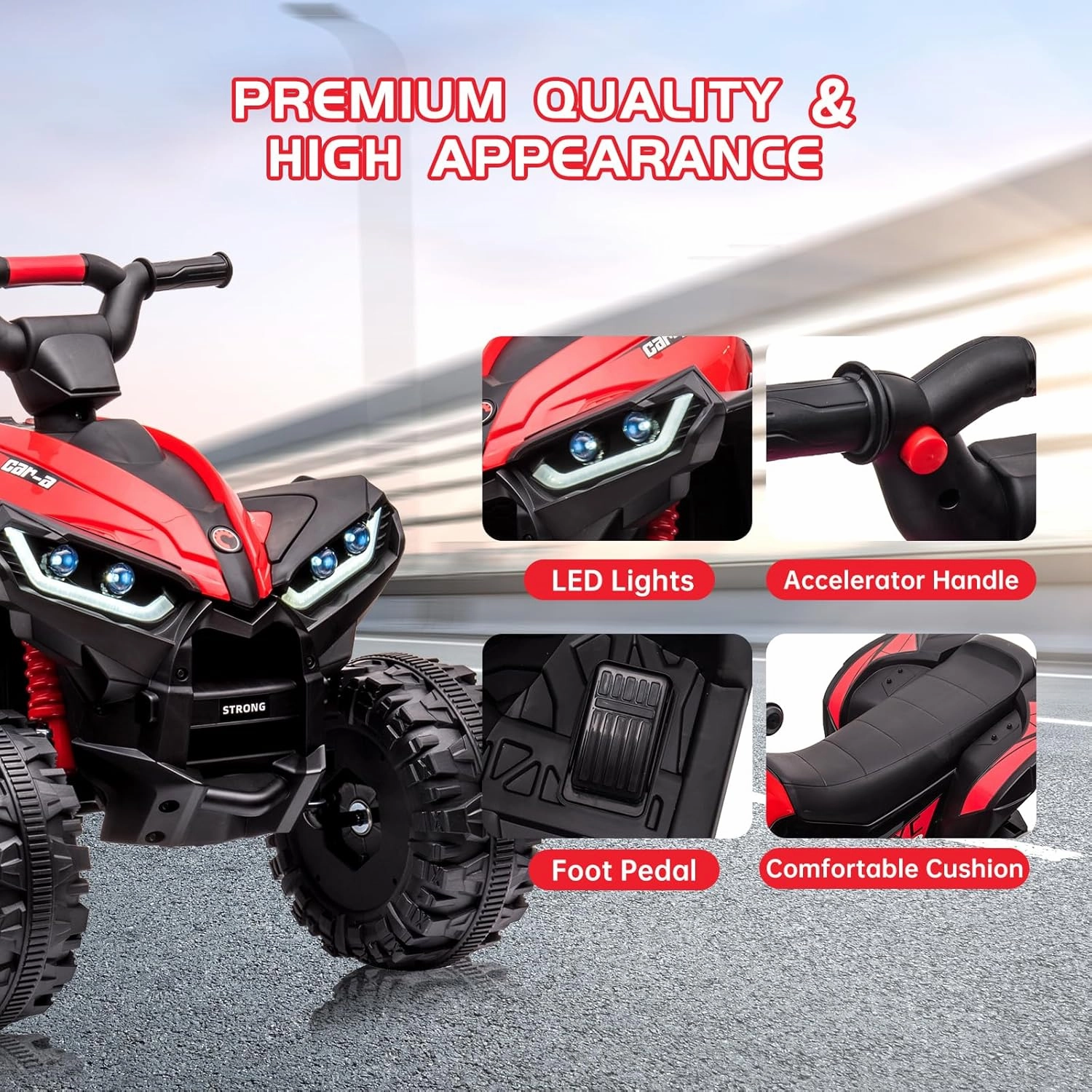 12V Kids Ride-On Electric ATV, 35W Doubal Motor 4-Wheeler Off-Road 4WD Car Toy, Kids Ride On ATV with 2 Control Modes, Music, Horn, High Low Speeds, Led Lights, for Boys & Girls Gift, Red