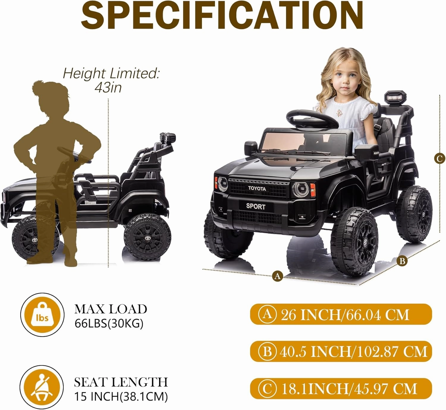 12V Kids Ride on Truck, Licensed Land Cruiser Battery Powered Electric Vehicle Car for Kids, with Remote Control, 3 Speeds, MP3, Horn, LED Lights, Suspension System, Black