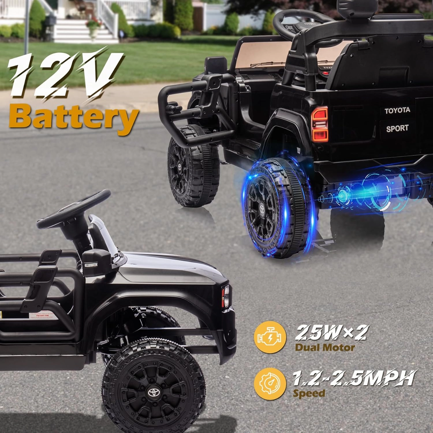 12V Kids Ride on Truck, Licensed Land Cruiser Battery Powered Electric Vehicle Car for Kids, with Remote Control, 3 Speeds, MP3, Horn, LED Lights, Suspension System, Black