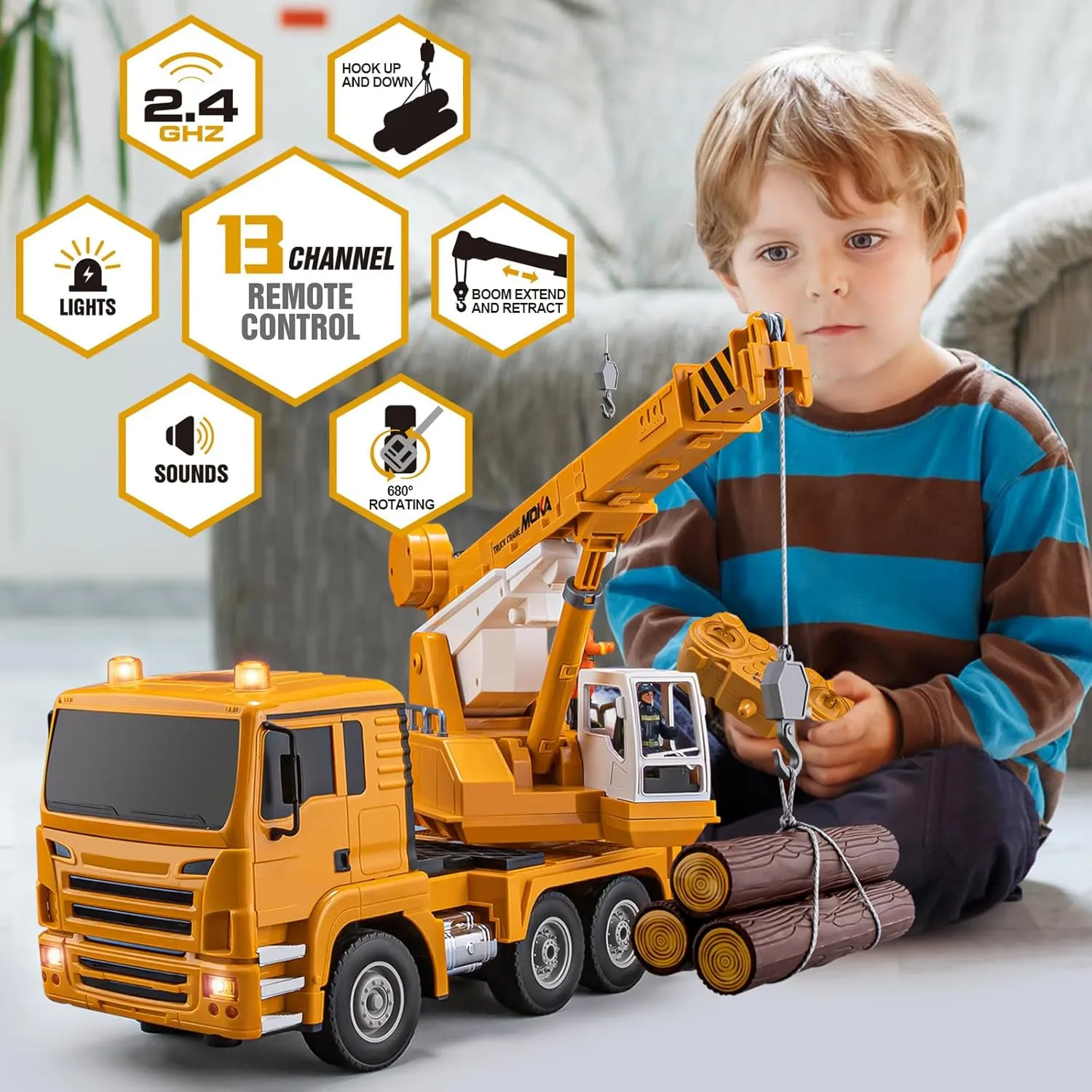 13 Channel RC Crane Truck, 2.4G Remote Control Crane Toy Construction Vehicles with Lights, Sounds, Hook Up and Down, 1:18 Large RC Truck Car for Kids Boys 16.5"