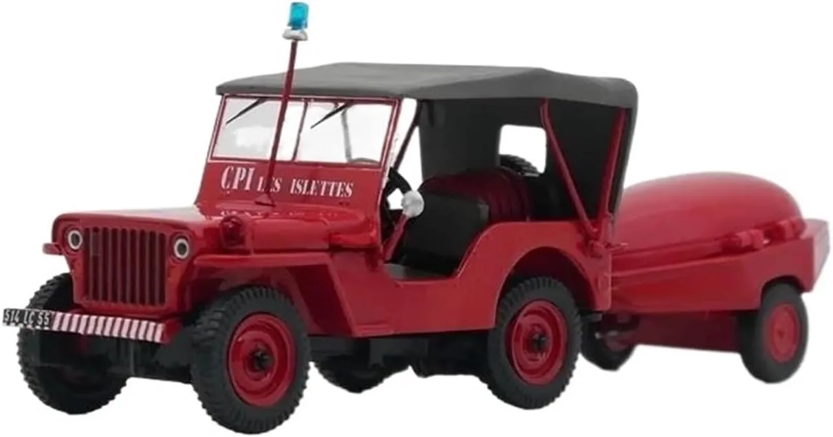 1:43 for Willys Jeep Trailer Pump French Fire Engine Alloy Car Model Collectible Souvenir Display Mini Simulation Toys