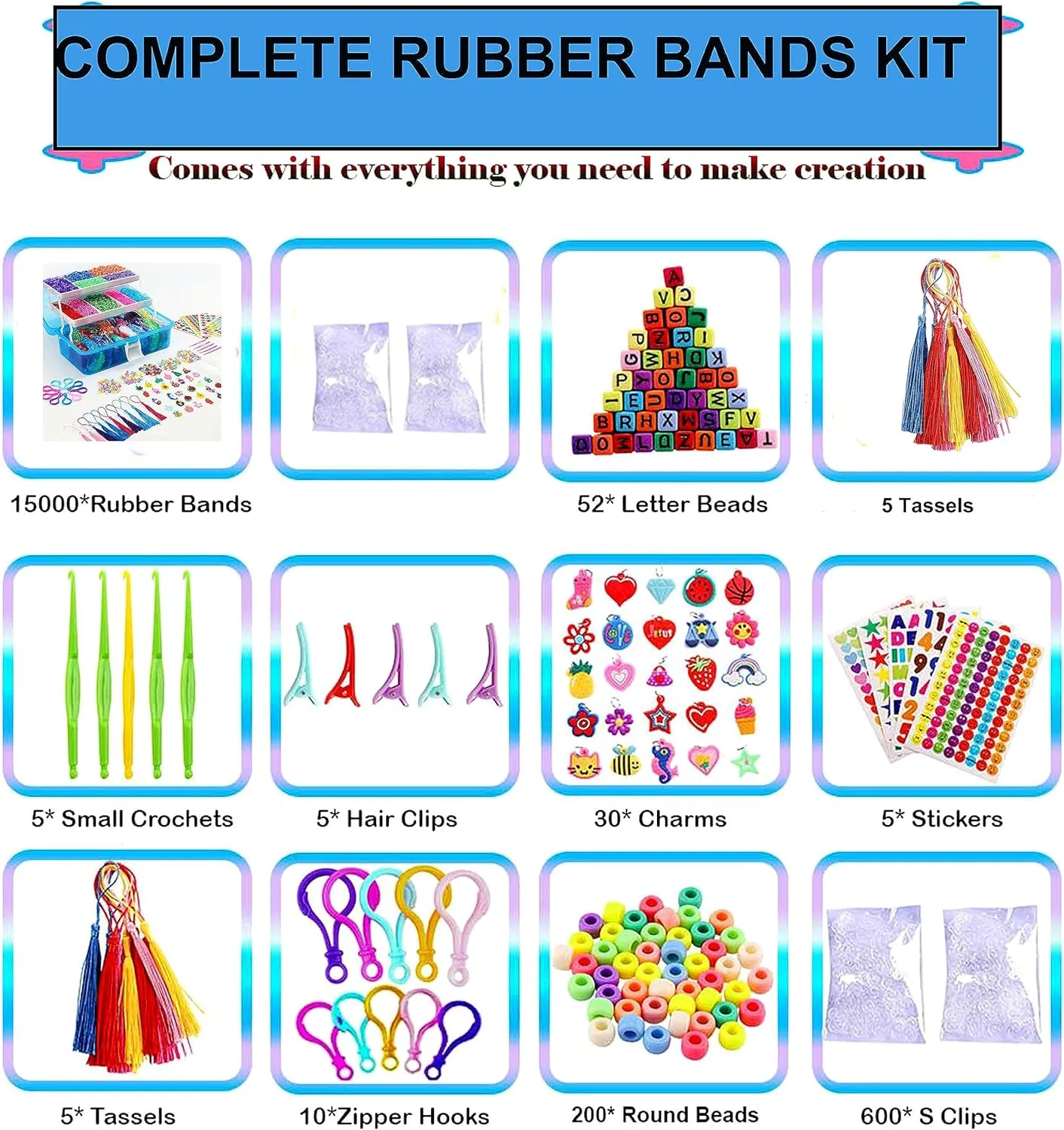 15000  Loom Rubber Bands Bracelet Kit, Rubber Bands for Bracelet Making Kit,Loom Bracelet Making Kit with 3 Layer Container,30 Colors,380 Beads, Charms Hooks Tools