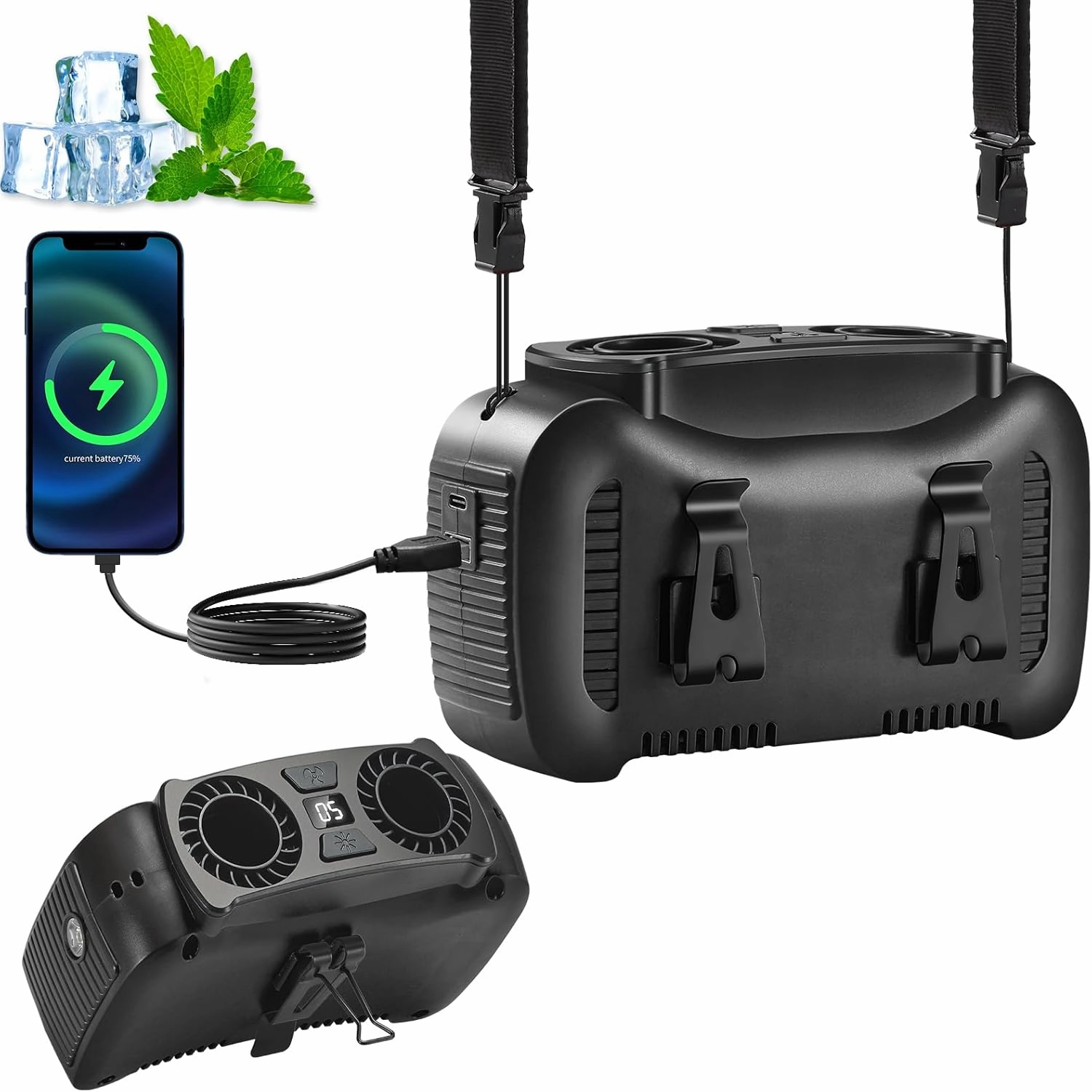 16000mAh Portable Waist Fan- Rechargeable Battery Personal Fan Clip on Wearable Belt With 5 Speeds,LED Digital Display and Flashlight Neck Fan Hands-Free 25H Cooling For Outdoor Travel Camping-Black