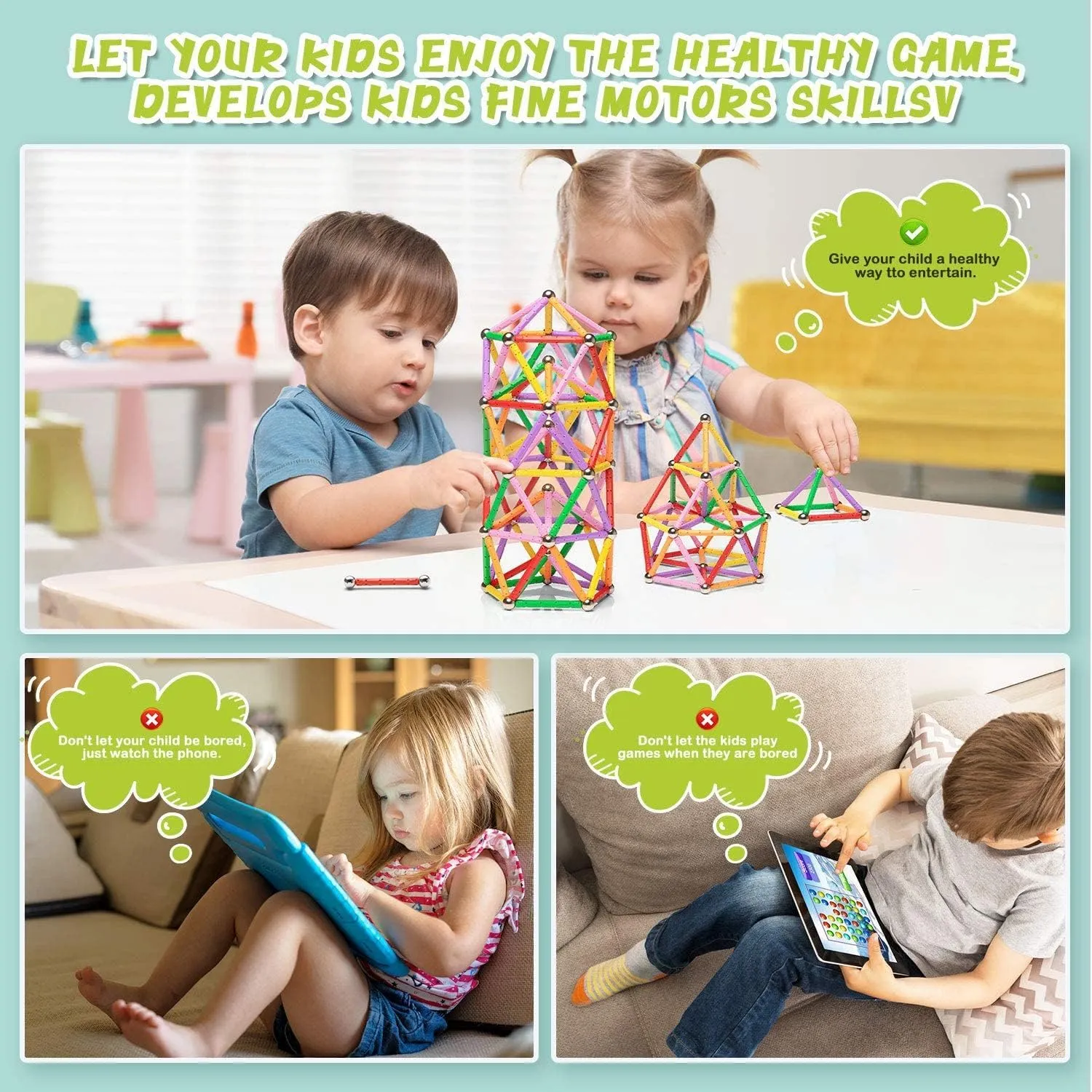 165PCS Magnetic Building Stick Blocks, Magnet Educational Toys Magnetic Blocks Sticks Stacking Toys STEM Set, Non-Toxic Building Toy 3D Puzzle with Storage Bag
