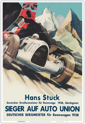 1938 German Grand Prix - Hans Stuck Race Driver - Sieger AUF Auto Union - Vintage Car Racing Poster by Klokien - Master Art Print (Unframed) 13in x 19in
