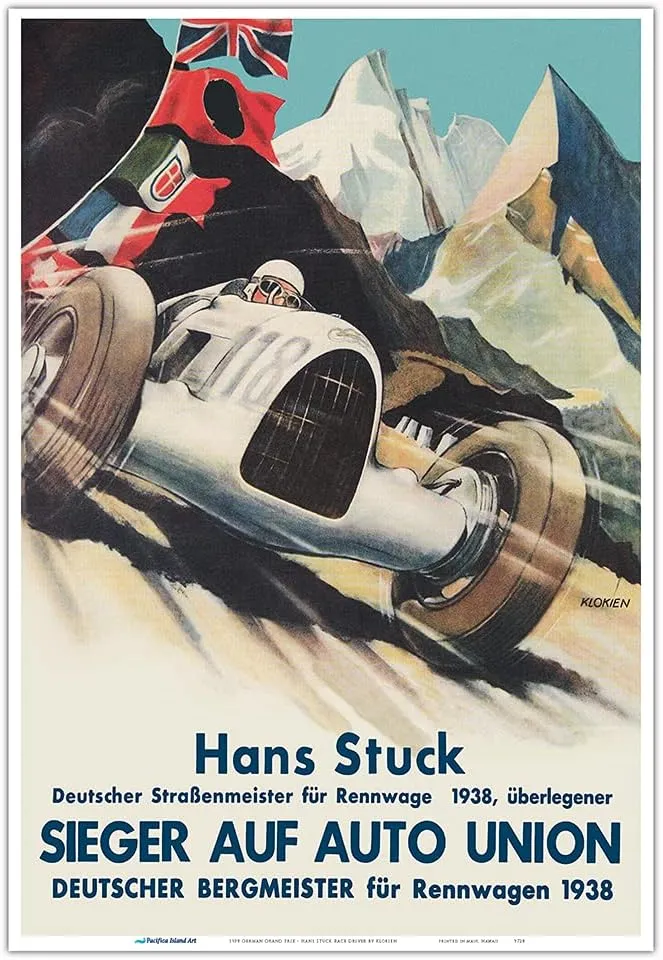 1938 German Grand Prix - Hans Stuck Race Driver - Sieger AUF Auto Union - Vintage Car Racing Poster by Klokien - Master Art Print (Unframed) 13in x 19in