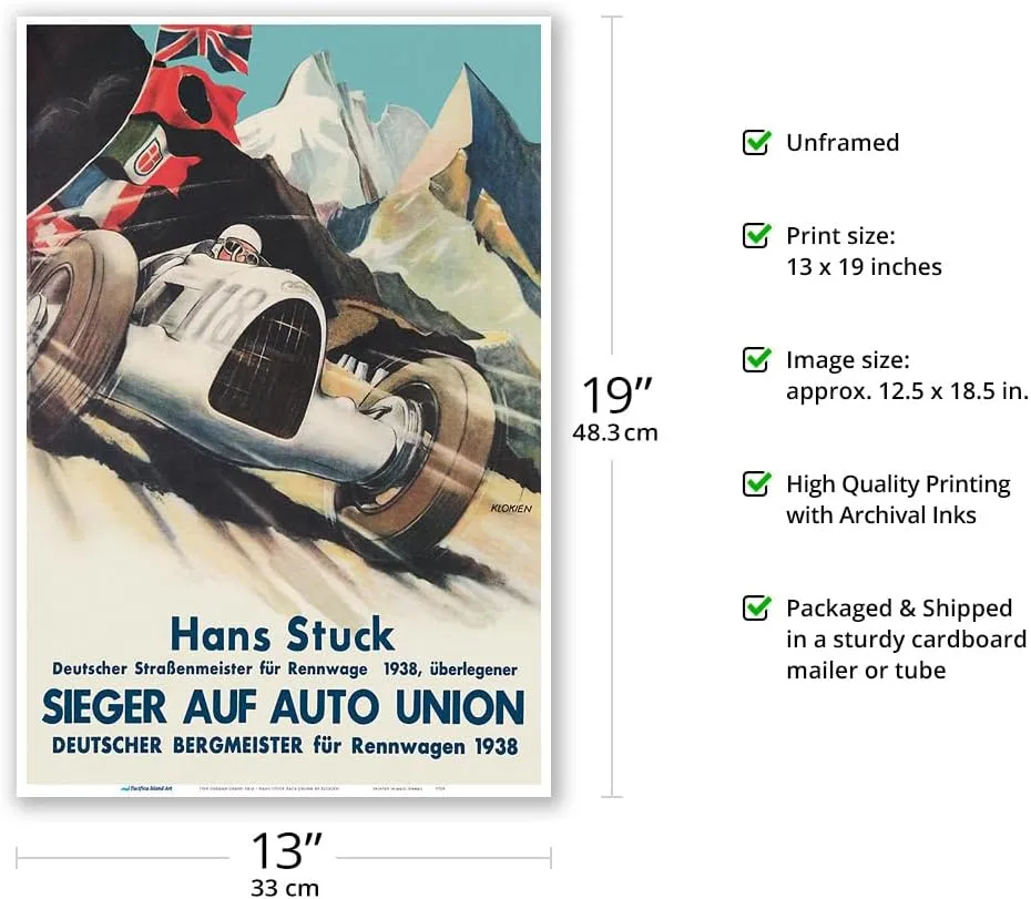 1938 German Grand Prix - Hans Stuck Race Driver - Sieger AUF Auto Union - Vintage Car Racing Poster by Klokien - Master Art Print (Unframed) 13in x 19in