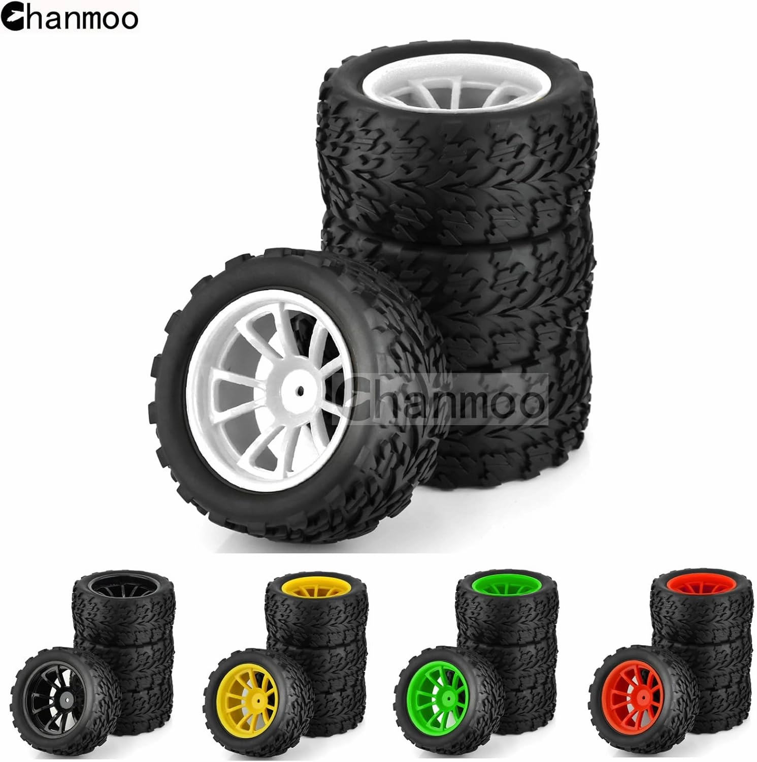 1/10 Monster Truck Tires and Wheels 12mm Hex Hubs RC Truck Tyres OD 118mm for 1:10 Scale Off Road Truck Car Traxxas X-Maxx E-Revo Summit Kyosho 144001 HSP 94188 94111 4PCS (White)