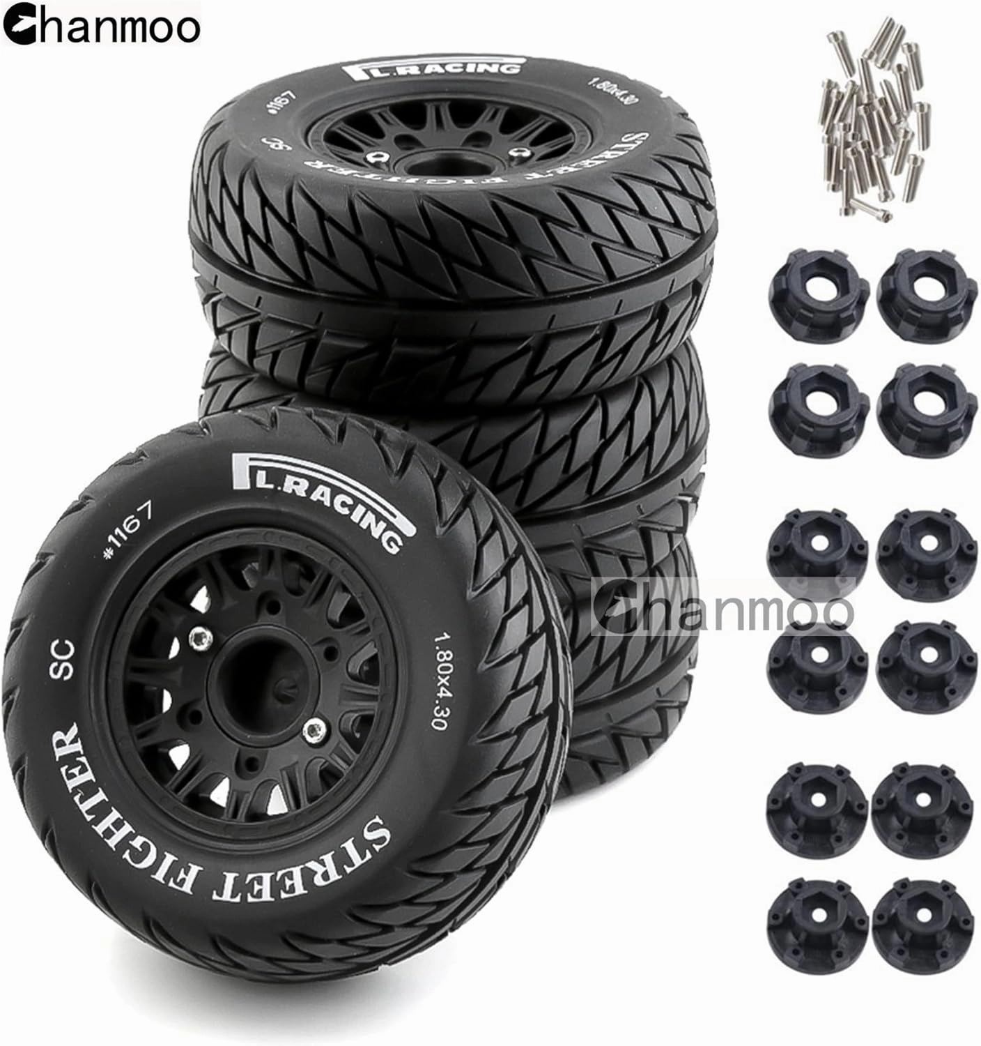1/10 RC Short Course Truck Tires And Wheels With 12mm 14mm 17mm Hex 113mm 1/8 Rubber Tyres For 1/8 or 1/10 Scale On Road Car HSP Sonic 94102 GT PTG-2 Tamiya TT02 RC Racing Car 4PCS (Black B)