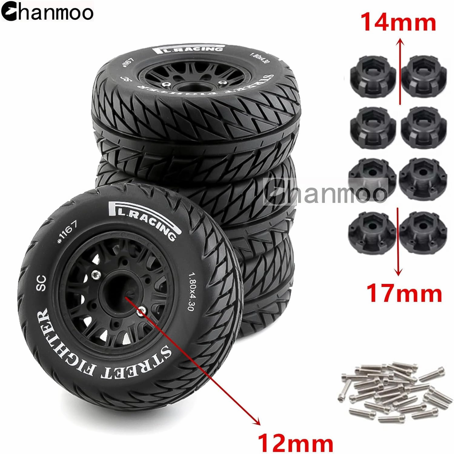 1/10 RC Short Course Truck Tires And Wheels With 12mm 14mm 17mm Hex 113mm 1/8 Rubber Tyres For 1/8 or 1/10 Scale On Road Car HSP Sonic 94102 GT PTG-2 Tamiya TT02 RC Racing Car 4PCS (Black B)
