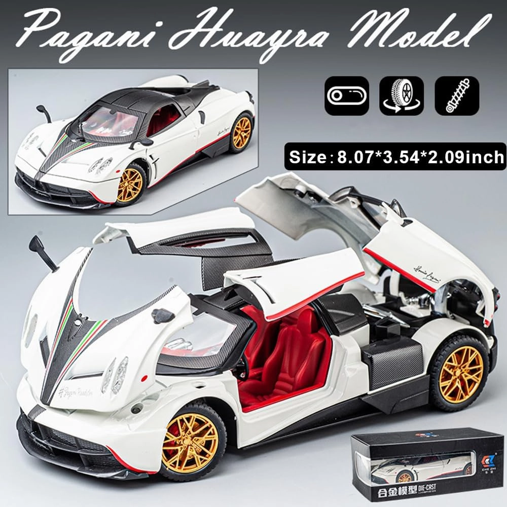 1:24 alloy die-casting metal Pagani car model toys, Pagani Huayra Dinastia Toy with sound and light functions, pull back car, adults and children are suitable for gifts, collectibles. (White Pagani)