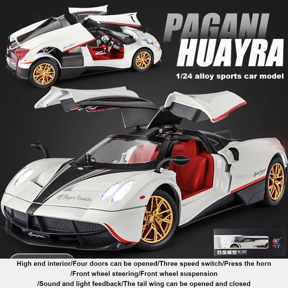 1:24 alloy die-casting metal Pagani car model toys, Pagani Huayra Dinastia Toy with sound and light functions, pull back car, adults and children are suitable for gifts, collectibles. (White Pagani)