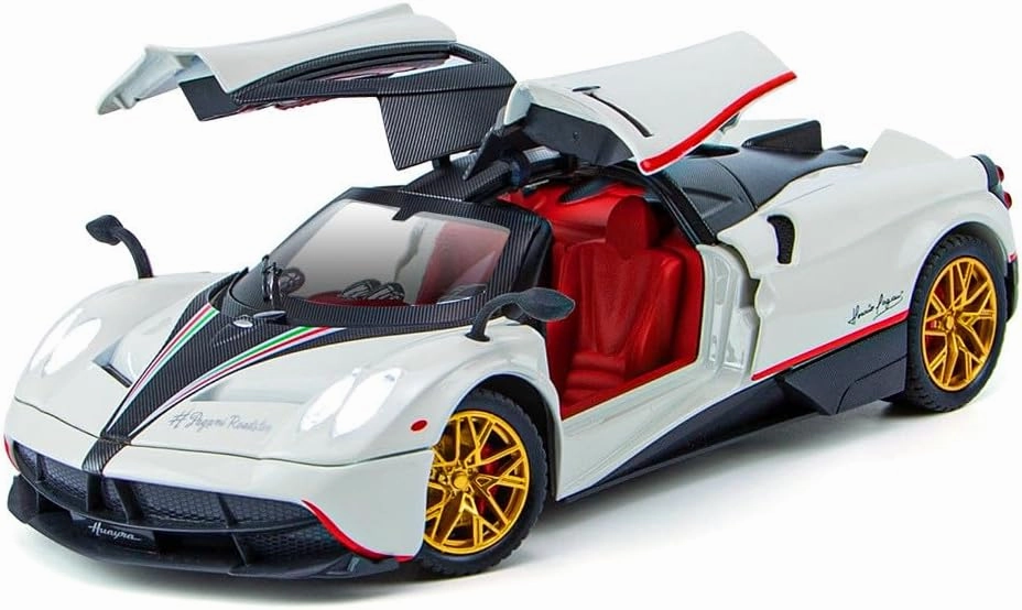 1:24 alloy die-casting metal Pagani car model toys, Pagani Huayra Dinastia Toy with sound and light functions, pull back car, adults and children are suitable for gifts, collectibles. (White Pagani)