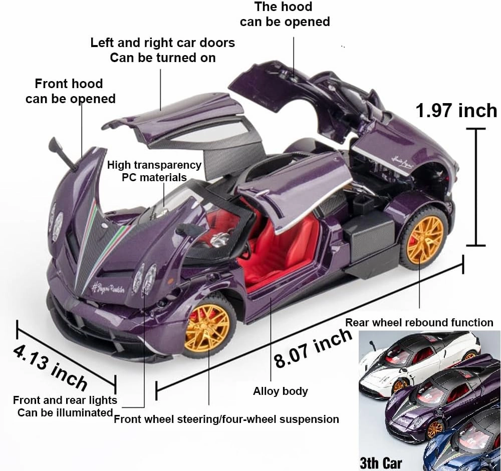 1:24 alloy die-casting metal Pagani car model toys, Pagani Huayra Dinastia Toy with sound and light functions, pull back car, adults and children are suitable for gifts, collectibles. (White Pagani)