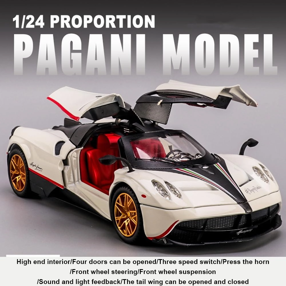 1:24 alloy die-casting metal Pagani car model toys, Pagani Huayra Dinastia Toy with sound and light functions, pull back car, adults and children are suitable for gifts, collectibles. (White Pagani)