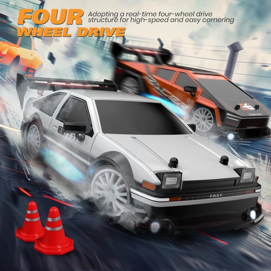 1:24 Scale RC Drift Car – 4WD High Speed 30km/h Remote Control Racing Car with LED Lights and Drift Tires for Adults & Hobbyists(Black/8601)