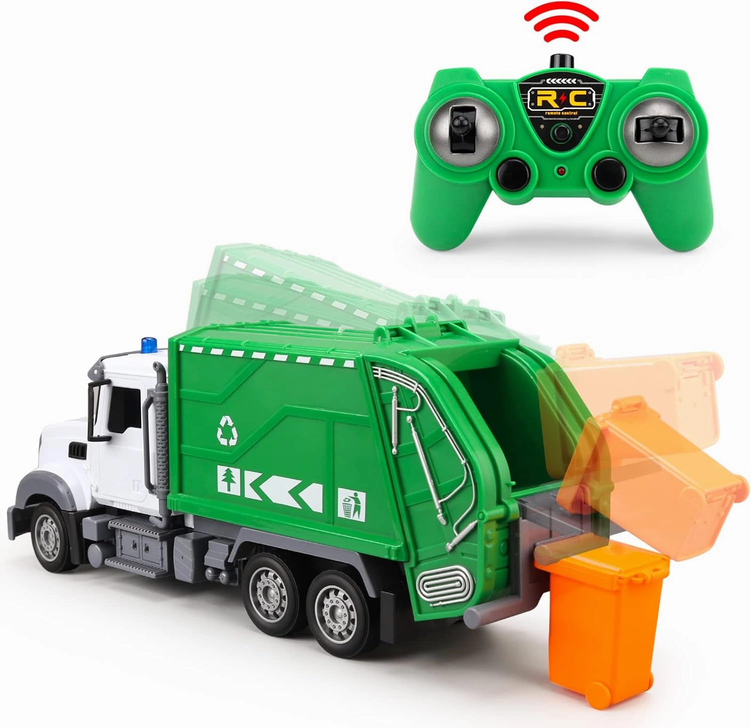 1:24 Scale Remote Control Garbage Truck Toys, 6 Channel RC Waste Management Garbage Truck, 2.4Ghz Recycling Trash Truck Toys with Two Rechargeable Batteries for Boys Kids, 15"