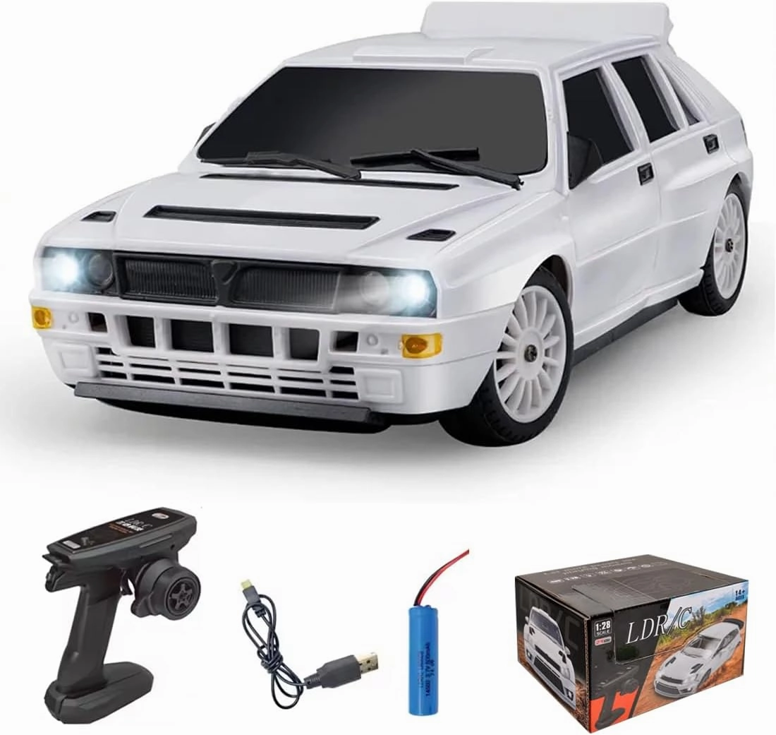 1:28 Scale RC Drift Car, 2.4GHz Proportional Control 10KM/H 4WD RC Racing Car with LED Lights & Adjustable Tires, Ready-to-Race Toy Car for Adults