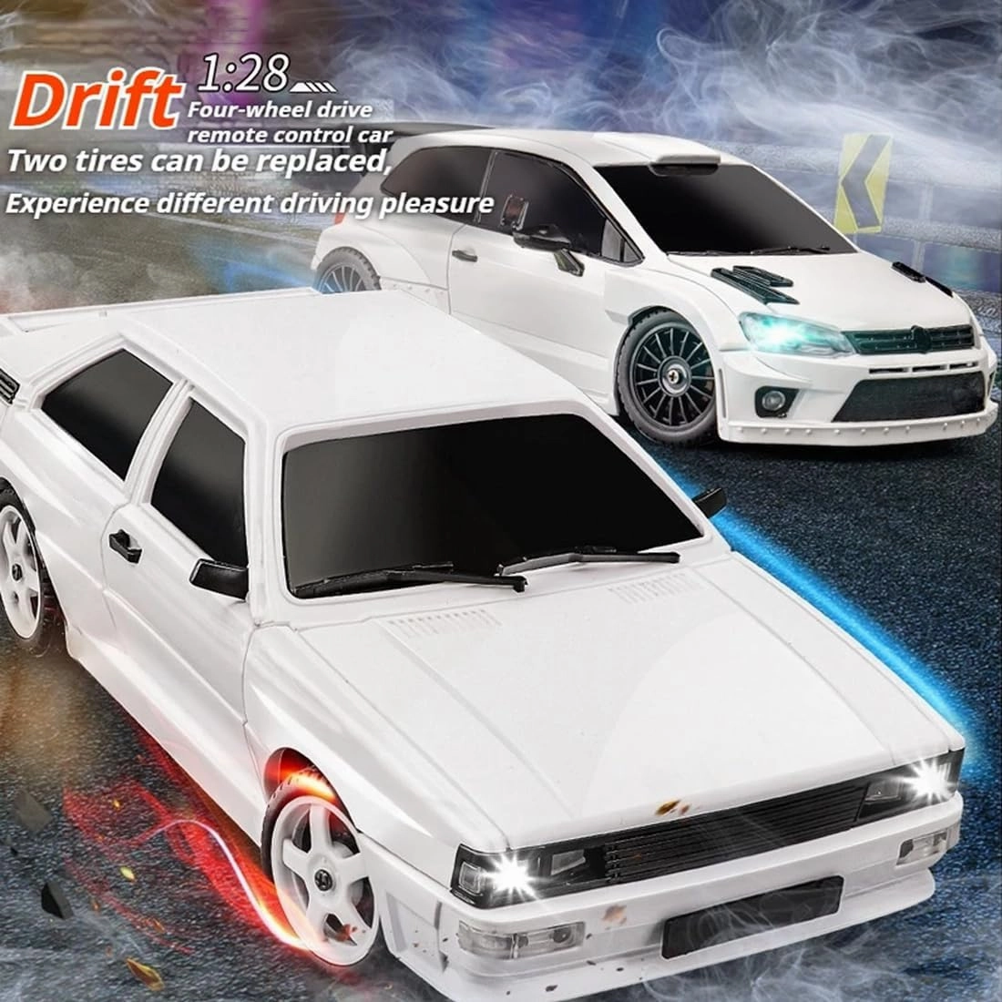 1:28 Scale RC Drift Car, 2.4GHz Proportional Control 10KM/H 4WD RC Racing Car with LED Lights & Adjustable Tires, Ready-to-Race Toy Car for Adults