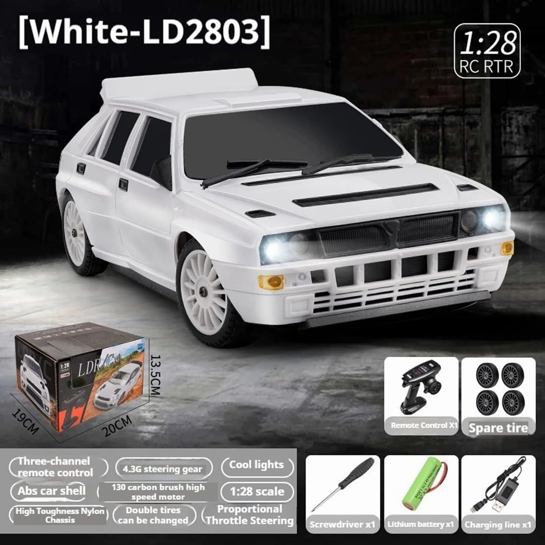 1:28 Scale RC Drift Car, 2.4GHz Proportional Control 10KM/H 4WD RC Racing Car with LED Lights & Adjustable Tires, Ready-to-Race Toy Car for Adults