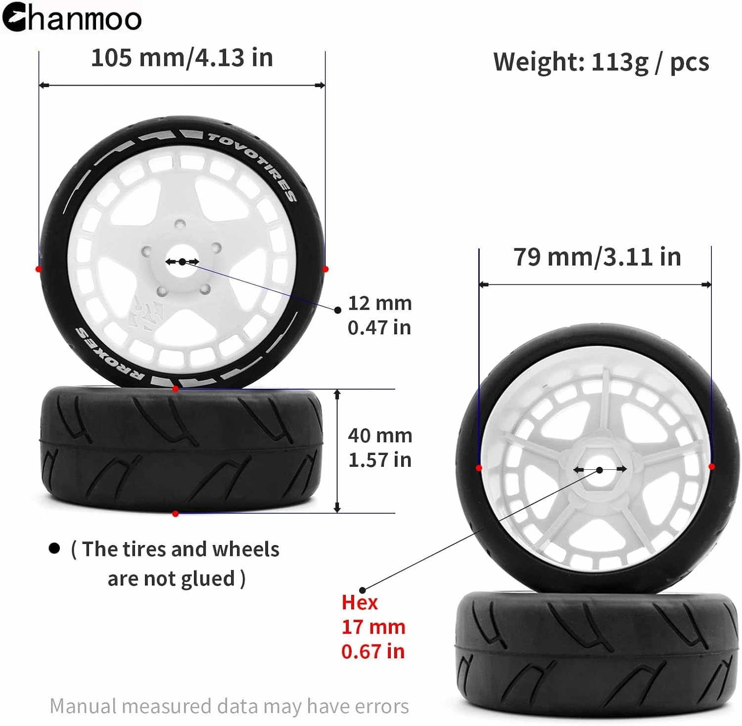 1/8 RC Rally Racing Tires and Hard Plastic Drift Wheels 17mm Hex On Road Tyres Compatible with 1:10 Scale Touring Street Car HSP Hobao HPI WR8 ARRMA Redcat Losi Kyosho VRX Tamiya 4PCS (Blue)
