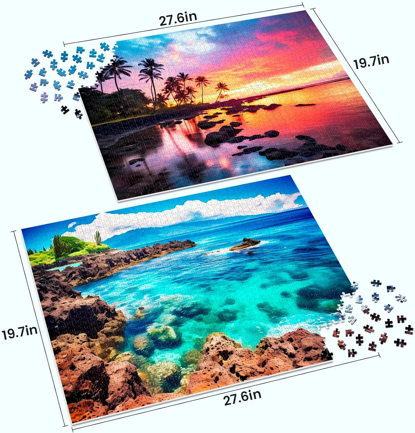 2 Pack 1000 Piece Puzzles for Adults - Beach, Coconut Tree, Reef Landscape Jigsaw Puzzles - 2000 Pieces Total