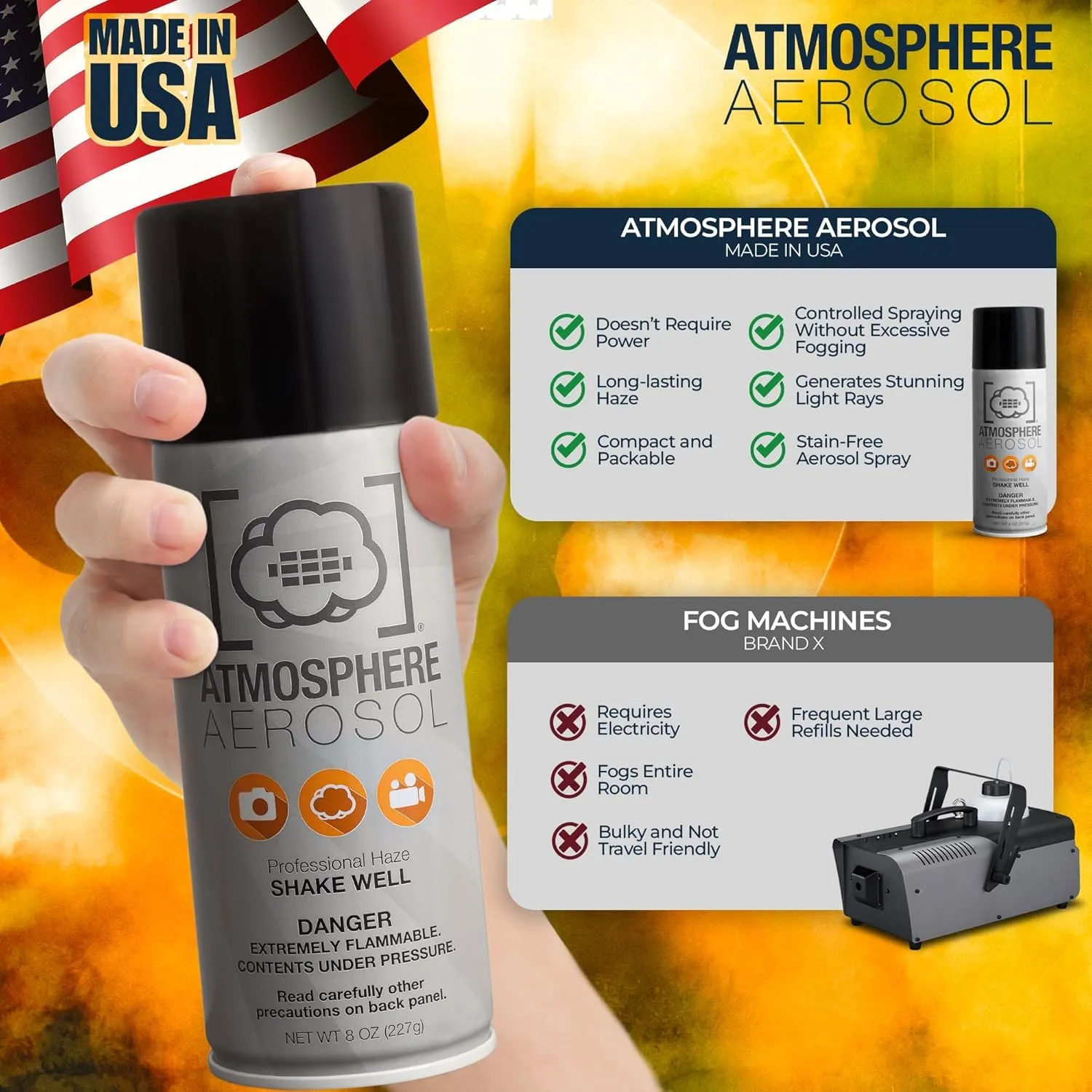 2 Pack Atmosphere Aerosol Haze/Fog Spray for Photography - Safe & Portable Mini Fog Machine Alternative - Smoke and Light Ray Effects Maker for Indoor and Outdoor, No Battery - Made in The USA