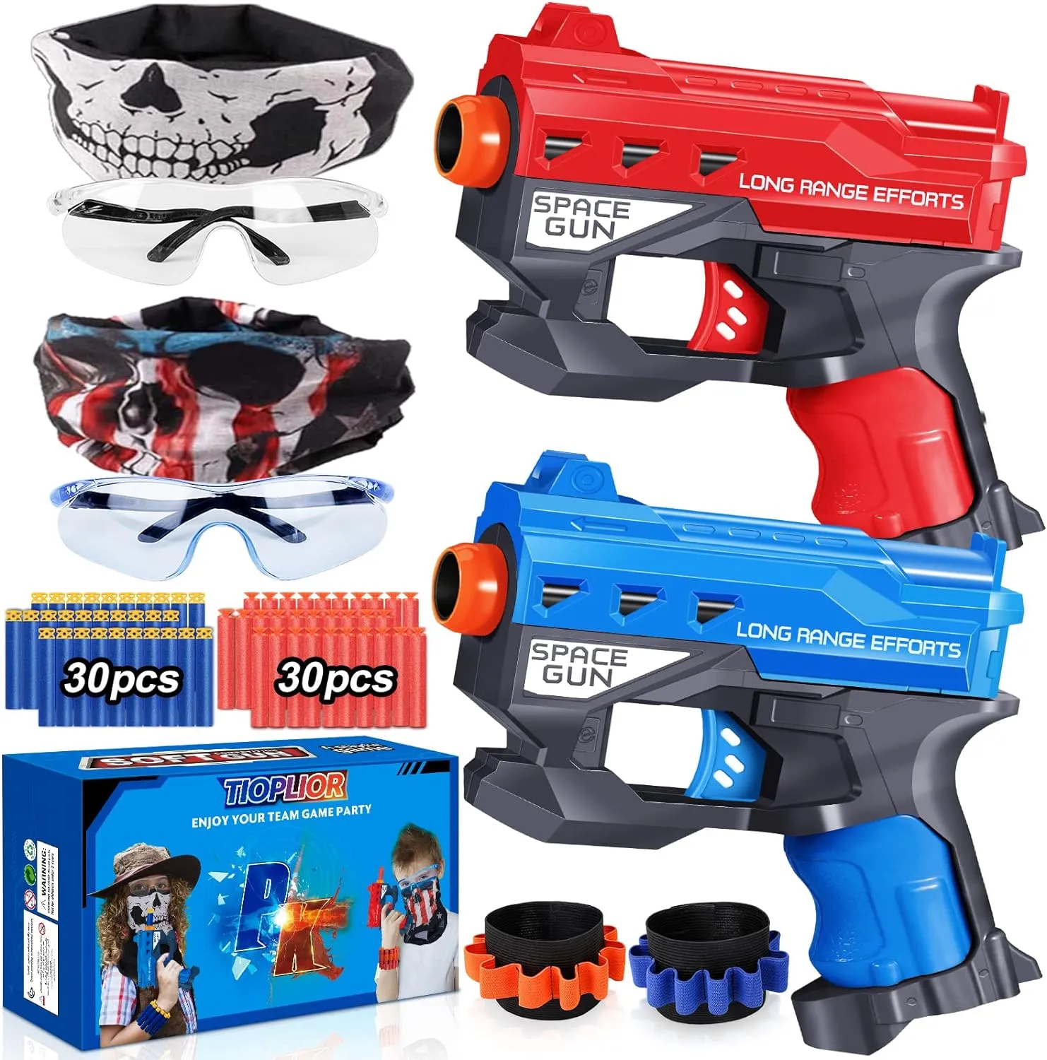 2 Pack Blaster Guns Boys Toy-with 60 Bullets &2 Wristbands, TiopLior Blaster Guns Toy Age for 4-9 Christmas Birthday Gifts &2 Safety Glasses/Face Masks for 6  Year Old Kids Games Toys