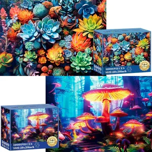 2 Pack Puzzles for Adults 1000 Pieces-Succulents and Mushrooms Difficult Jigsaw Puzzles for Adults,Hard Jigsaw Puzzle Decorations DIY Leisure Game Toy Suitable Family Friends(27.5x20 inches)