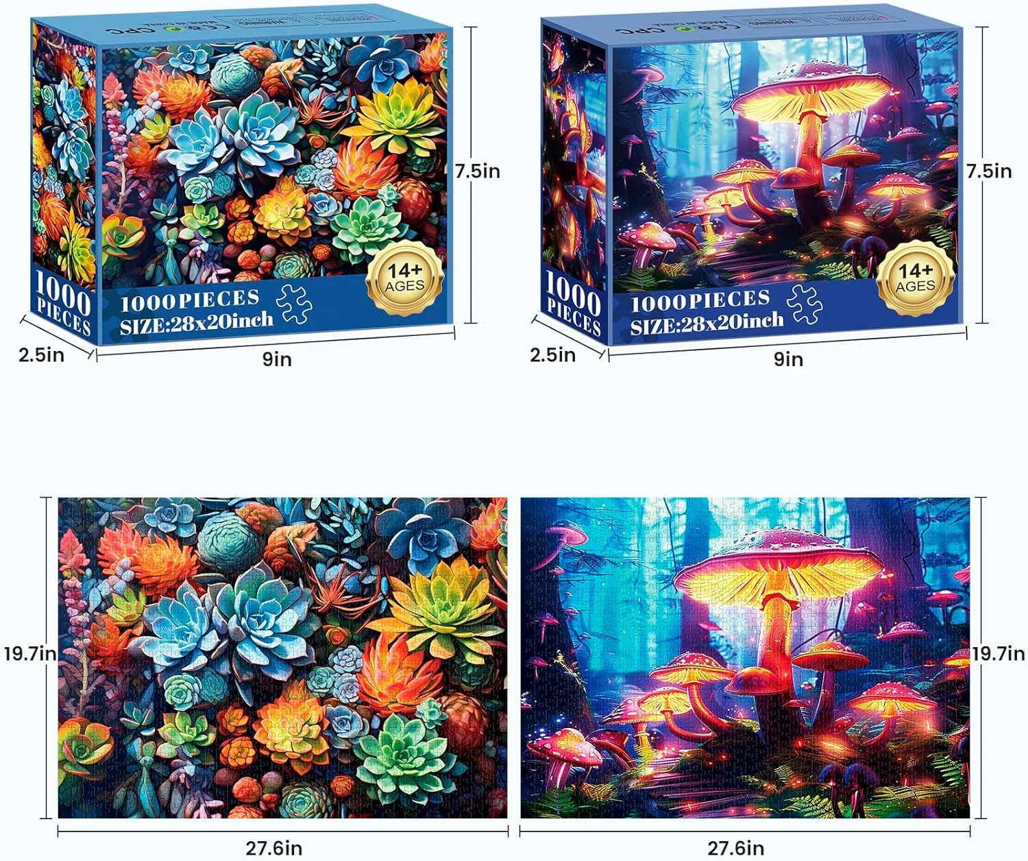 2 Pack Puzzles for Adults 1000 Pieces-Succulents and Mushrooms Difficult Jigsaw Puzzles for Adults,Hard Jigsaw Puzzle Decorations DIY Leisure Game Toy Suitable Family Friends(27.5x20 inches)