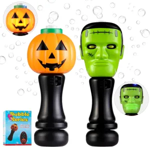 2 PCS Halloween Bubble Wand Toys Gifts for Kids, Light Up Pumpkin and Science Freak Blower Wand with Thrilling LED & Bubble Fluid