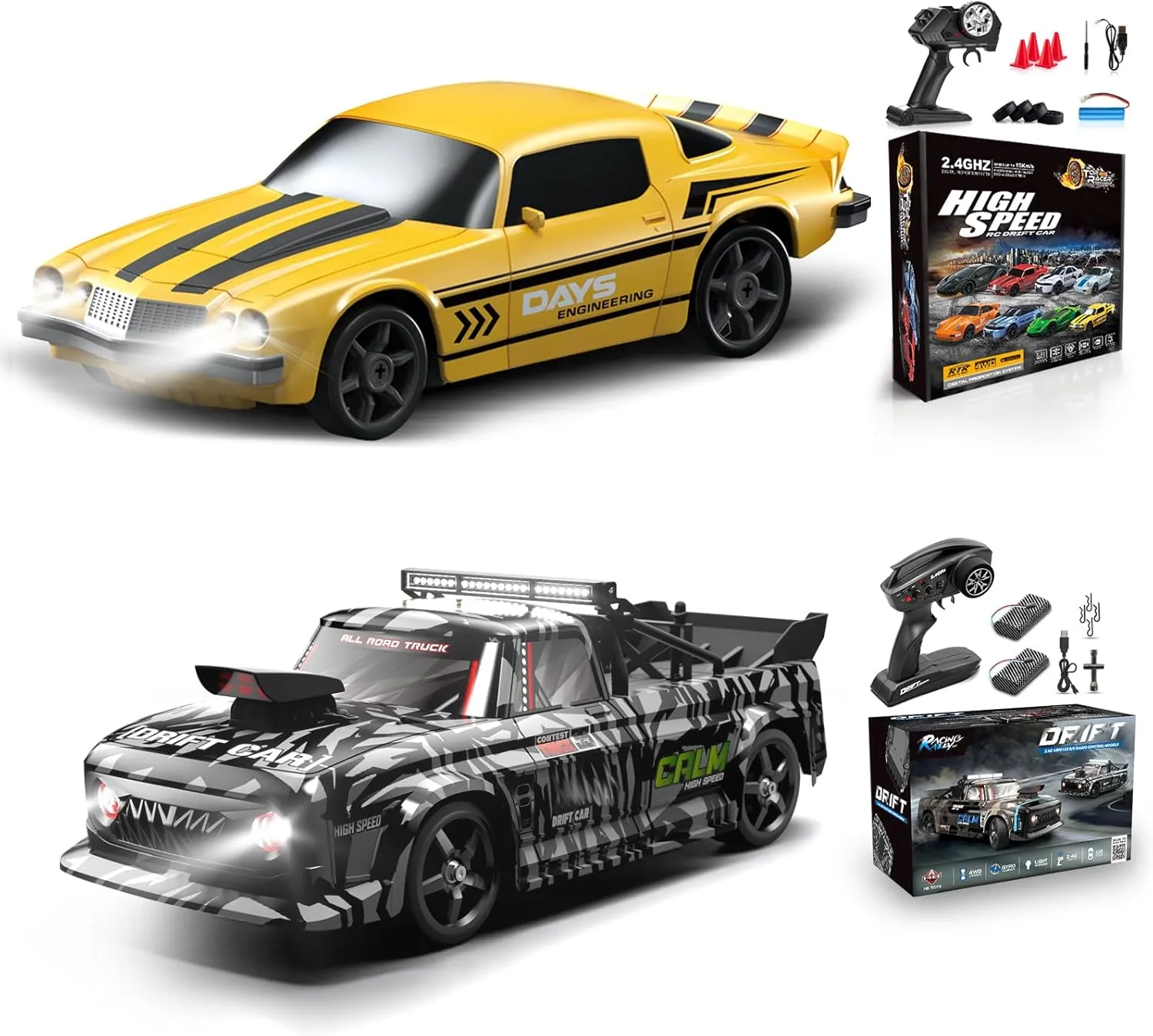 2 PCS RC Drift Car, RC Drift Car 1:24 Remote Control Car 4WD 15KM/H Remote Control Car and 1:12 Fast RC Car 2.4GHz 35KM/H High Speed Performance with Gyro Racing Car Gift for Adults Kids Boys Girls