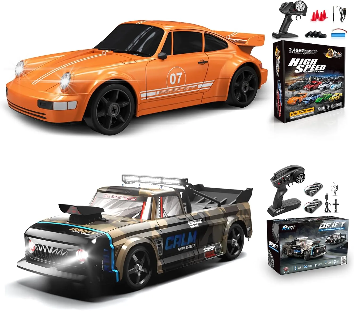 2 PCS RC Drift Car, RC Drift Car 1:24 Remote Control Car 4WD 15KM/H Remote Control Car and 1:12 Fast RC Car 2.4GHz 35KM/H High Speed Performance with Gyro Racing Car Gift for Adults Kids Boys Girls