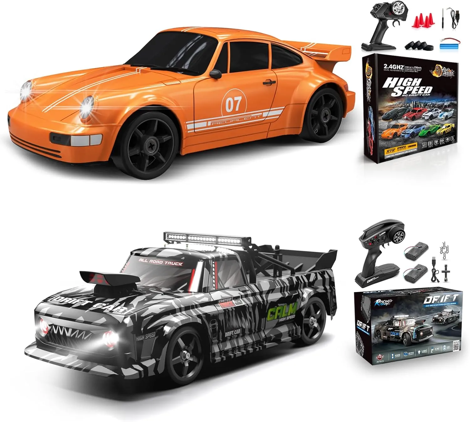 2 PCS RC Drift Car, RC Drift Car 1:24 Remote Control Car 4WD 15KM/H Remote Control Car and 1:12 Fast RC Car 2.4GHz 35KM/H High Speed Performance with Gyro Racing Car Gift for Adults Kids Boys Girls