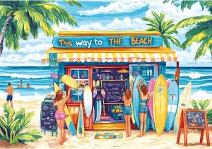 2000 Piece Puzzle for Adults – Colorful Beach Shop with Surfboards and Ocean View – Vibrant Hand-Drawn Style, Challenging Jigsaw Puzzle – 39 x 28 Inches