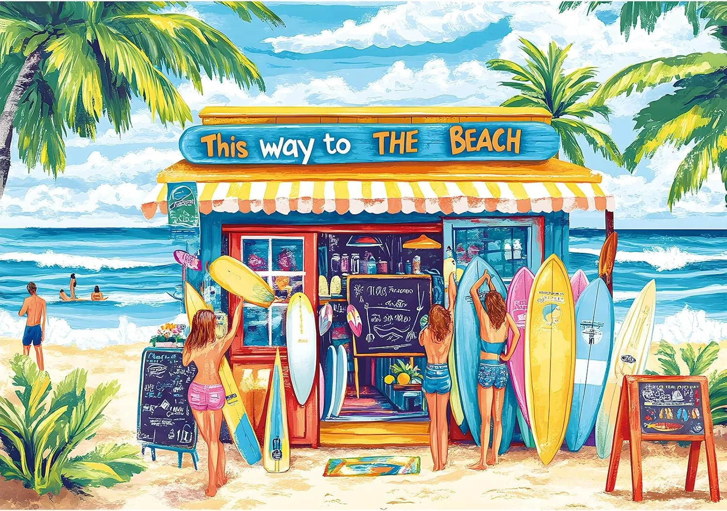 2000 Piece Puzzle for Adults – Colorful Beach Shop with Surfboards and Ocean View – Vibrant Hand-Drawn Style, Challenging Jigsaw Puzzle – 39 x 28 Inches