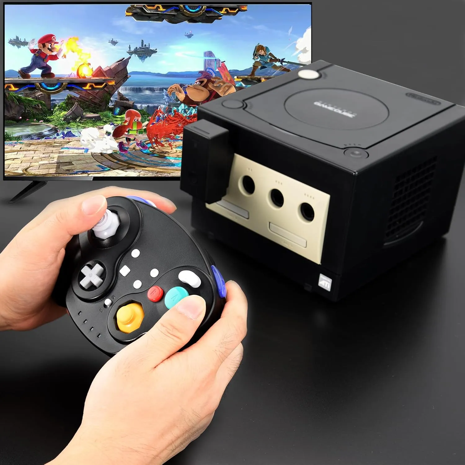 2.4 GHz Wireless GameCube Controller, for NGC GameCube Console (Built-in Rumble) (Analog Stick) (Analog Triggers) (Rechargeable) (Plug and Play) Black