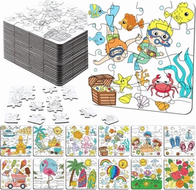 24 Pack Color Your Own Jigsaw Puzzles for Kids 3-5, 4-6, 6-8, Coloring Crafts DIY Paper Puzzles Party Favors Gifts for Toddler Children Learning Education Toys(Summer)