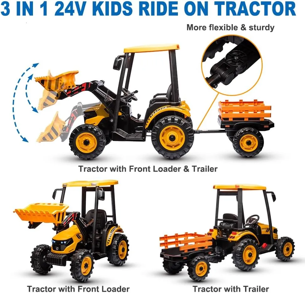 24V Ride on Tractor with Trailer&Front Loader, 3IN1 Dual Motors Ground Loader, Battery Powered Electric Ride on Tractor Toys with Safety Belt,Yellow(Kids Tractor with Trailer&Front Loader)