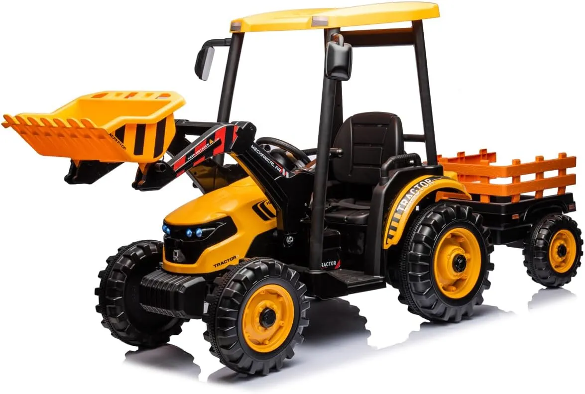 24V Ride on Tractor with Trailer&Front Loader, 3IN1 Dual Motors Ground Loader, Battery Powered Electric Ride on Tractor Toys with Safety Belt,Yellow(Kids Tractor with Trailer&Front Loader)