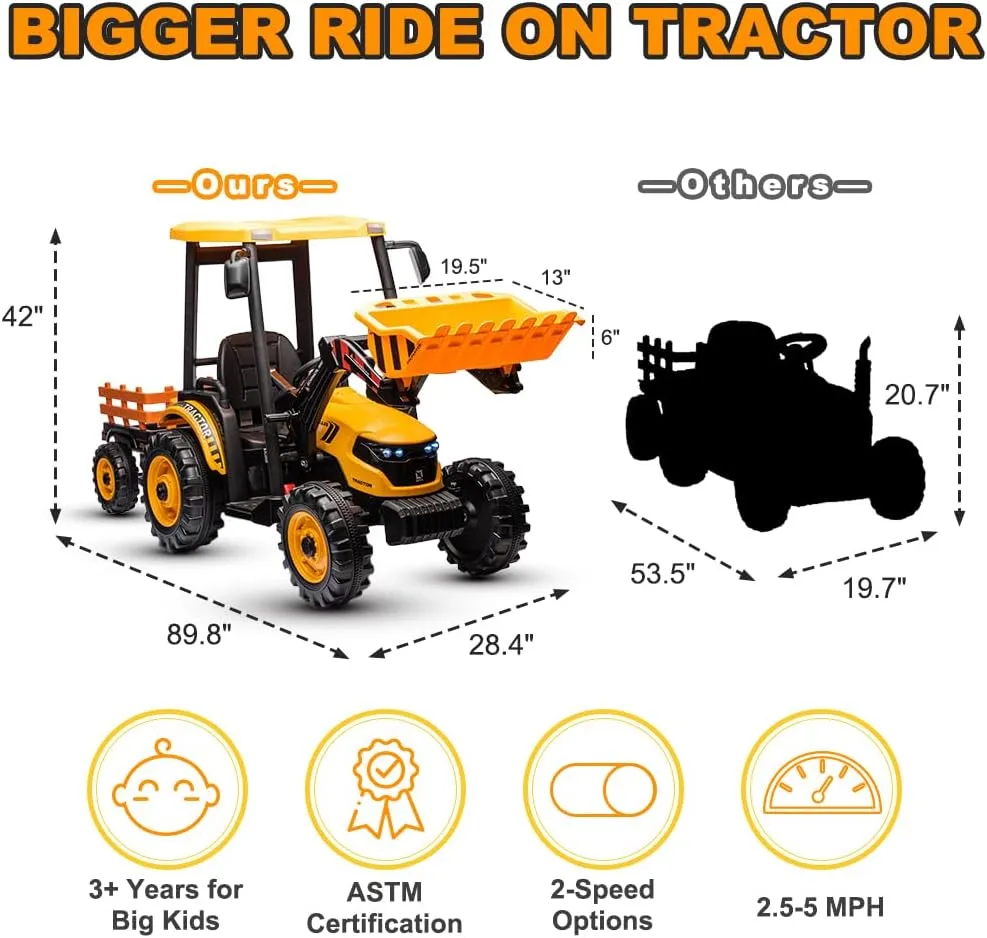 24V Ride on Tractor with Trailer&Front Loader, 3IN1 Dual Motors Ground Loader, Battery Powered Electric Ride on Tractor Toys with Safety Belt,Yellow(Kids Tractor with Trailer&Front Loader)